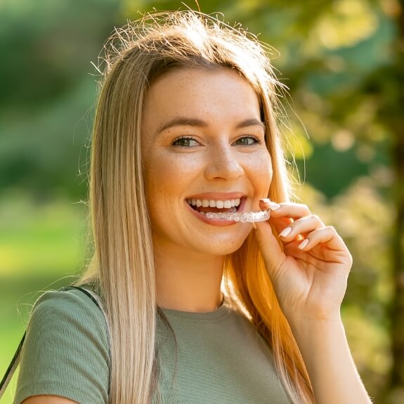 Smiling woman placing clear correct clear aligner orthodontics tray