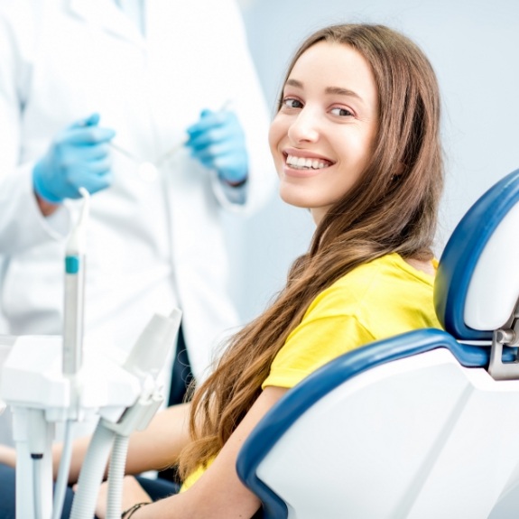 Woman smiling during orthodontic visit