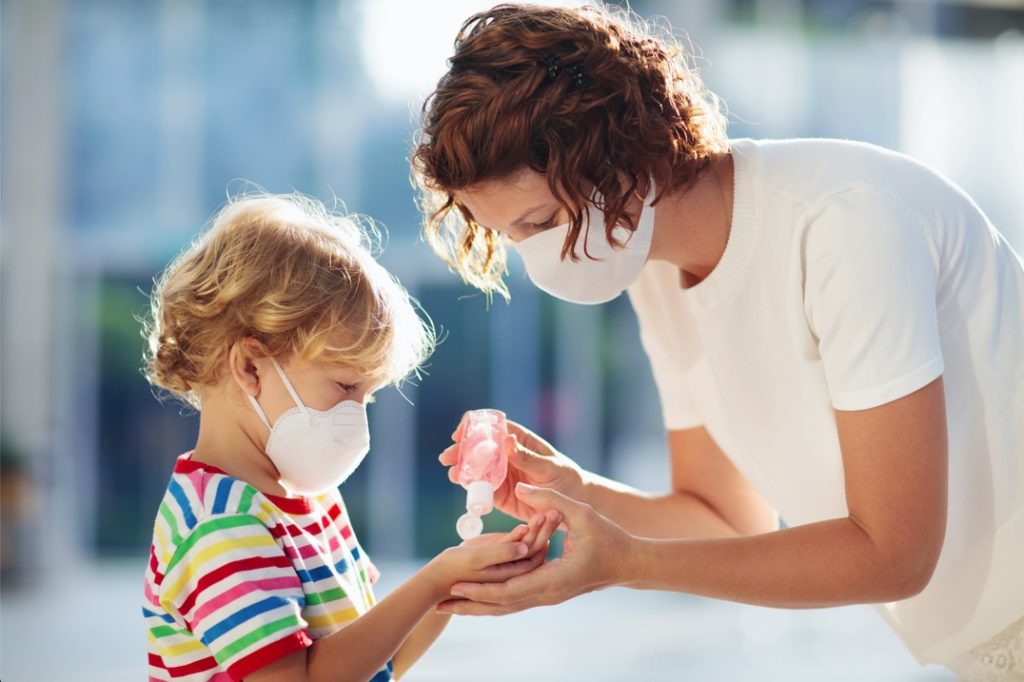 Mother and child wearing face masks at dentist in Dublin